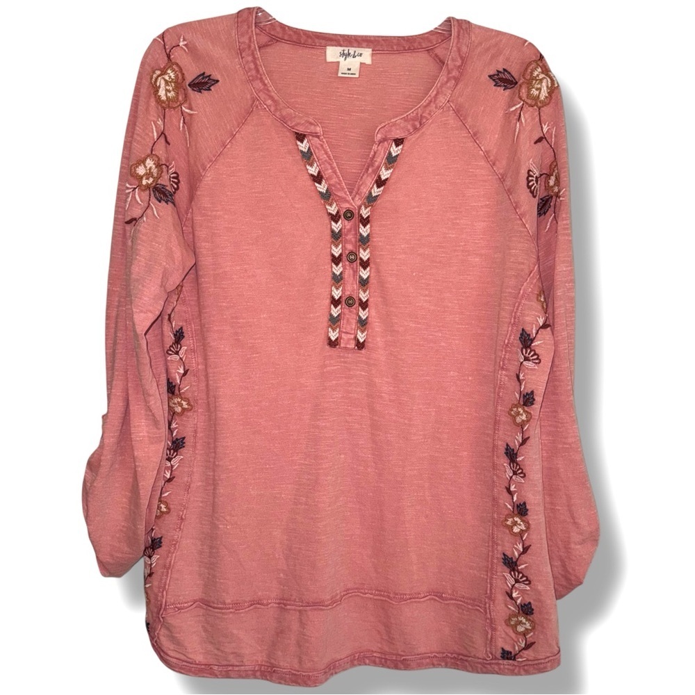 Style & Co Size Medium Classic Cotton Embroidered Peach Henley Roll Tab Sleeves